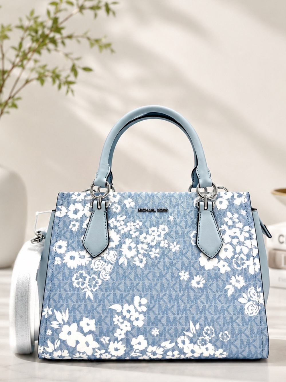 Michael Kors Marilyn Medium Printed Signature Logo Satchel Bag - Pale Ocean